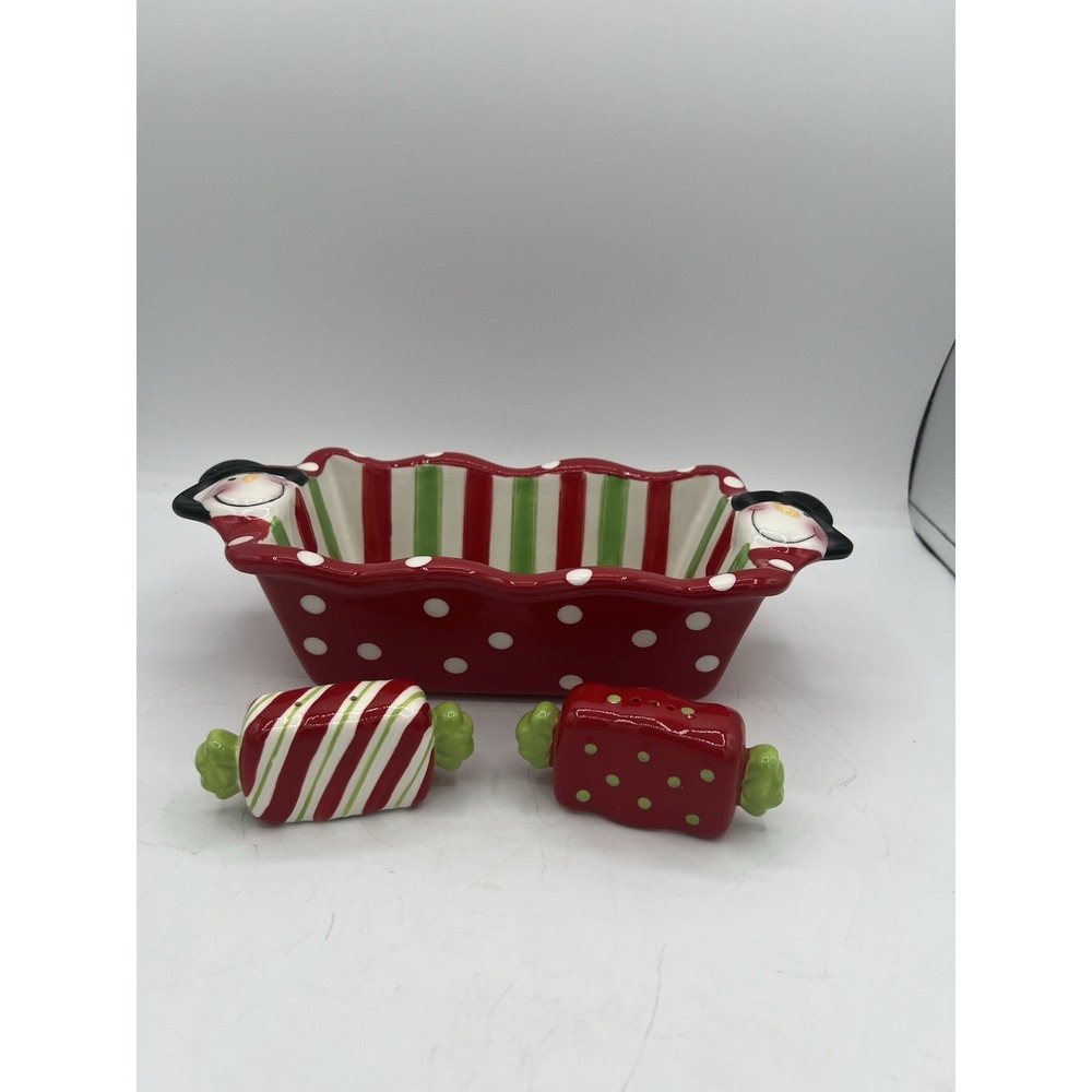 🎁 DEI Holiday Snowman Ceramic Candy Dish/Loaf Pan + Salt & Pepper Shakers 🎁